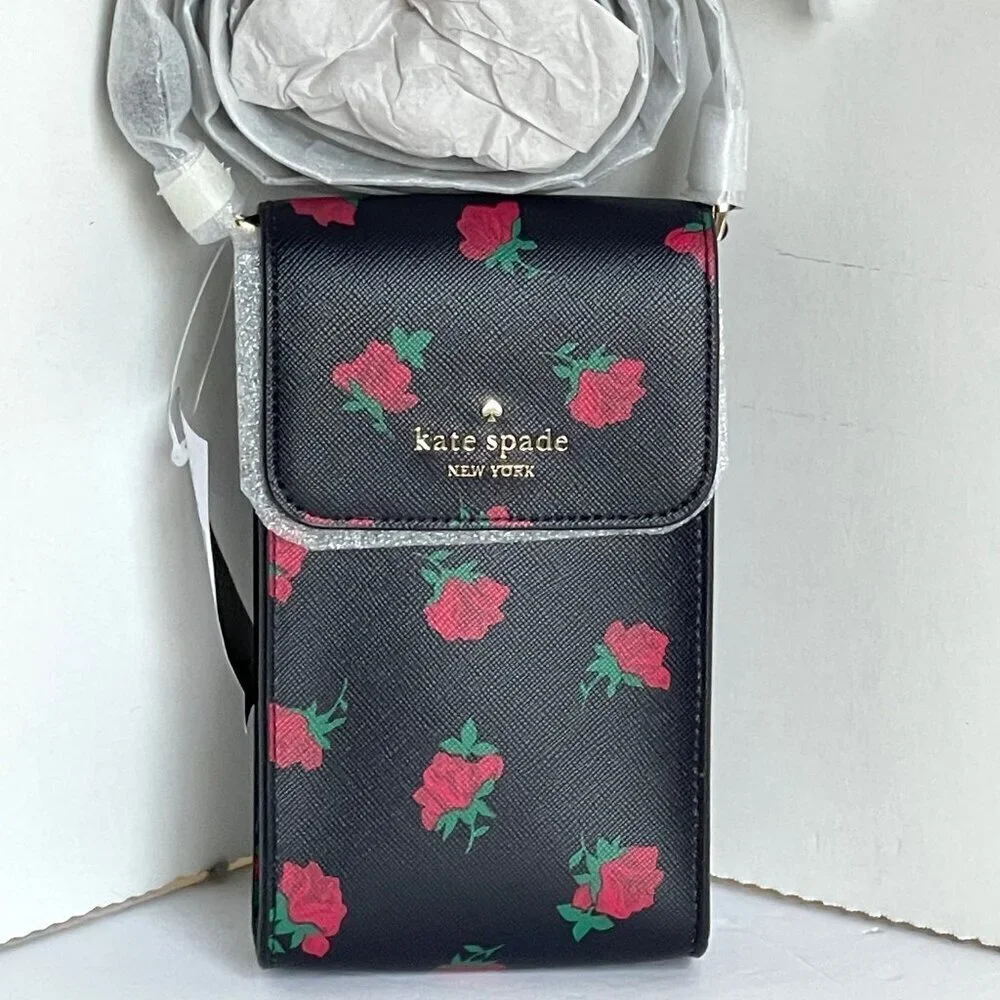 Kate Spade Madison Phone Crossbody Black Rose Toss Leather Bag NWT - Picture 1 of 8